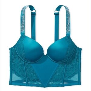 Victoria Secret Teal Lace Corset Bustier Push-Up Bra 38DD Very Sexy Shine Strap
